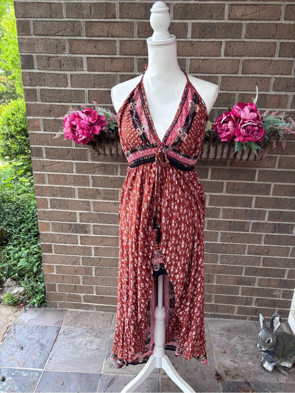 Anthropologie Angie Bohemian Rust Floral Halter Maxi Dress - Picture 2 of 5